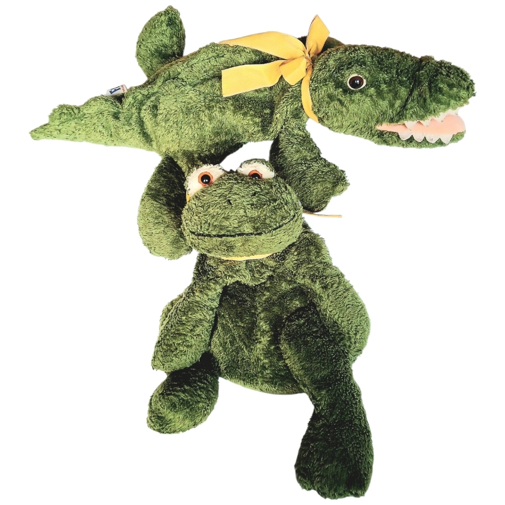 Vintage Mary Meyer Frog & Alligator Yellow Ribbon Plush Stuffed Animal Pair Toys